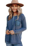 Sky Blue Waffle Elbow Patch Buttoned Long Sleeve Top