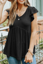 Black Ribbed Flounce Sleeve V Neck Babydoll Top