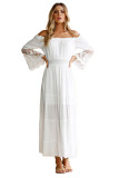 White Off Shoulder Embroidered Flared Sleeve Lace Maxi Dress