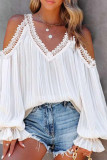 White Lace Crochet Splicing Cold Shoulder V Neck Blouse