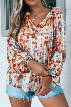 Multicolor Pattern Print Ruffled Pleated Long Sleeve Blouse