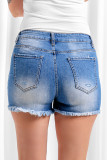 Sky Blue Ripped Tasseled Hem Buttons Jean Shorts