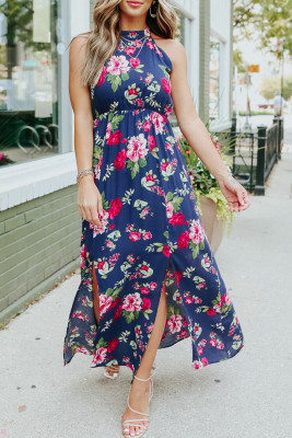 Blue Halter Neck Sleeveless Floral Dress with Slits