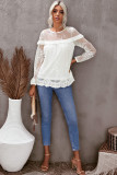 White Solid Color Crewneck Lace Mesh Ruffle Top