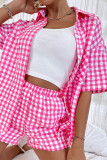 Pink Checked Buttoned Down Open Shirt and Shorts 2pcs Set