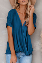 Blue Short Sleeves Drape Knit Top