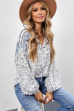 Sky Blue Floral Print Drawstring Loose Puff Sleeve Shirt