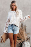 White Crochet Lace Pointelle Knit Sweater