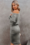 Crewneck Long Sleeve Shirred Split Bodycon Dress