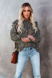 Black Floral Print Smocked Ruffled Long Sleeve Blouse
