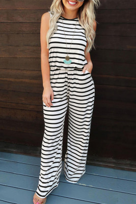 White Striped Print Pocketed Sleeveless Jumpsuit