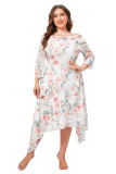 White Plus Size Crewneck Half Sleeve Floral Midi Dress