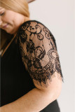 Black Lace Short Sleeve V Neck Plus Size Tee