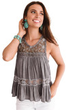 Gray Lace Embroidery Ruffled Sleeveless Top