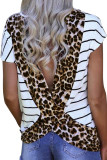 Stripe Brown Leopard Printed Open Back Short Sleeve T Shirt