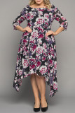 Black Plus Size Crewneck Half Sleeve Floral Midi Dress