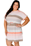 Striped Print Drawstring Short Sleeve Plus Size Dress