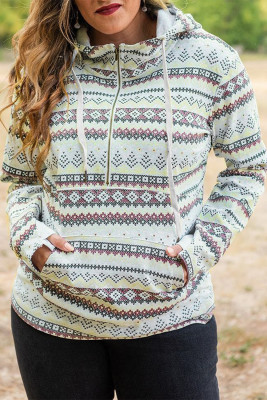 Aztec Print Half Zip High Neck Plus Size Hoodie with Pocket