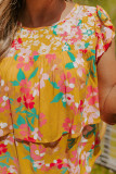 Yellow Floral Print Ruffle Cap Sleeve Keyhole Back Blouse