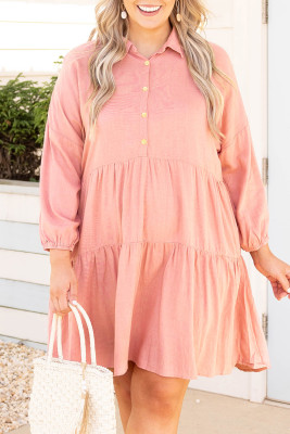 Pink Plus Size Shirt Buttoned Style Puff Sleeve Dress