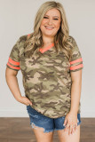 Camo Striped Print V Neck Plus Size Top
