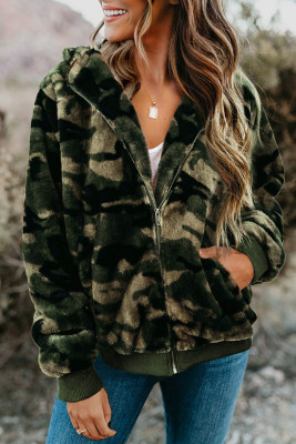 Green Camo Print Zipper Fleece Hooded Coat with Pockets