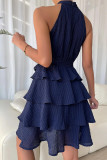 Plain Texture Halter Tiered Mini Dress