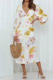 V Neck Lantern Sleeves High Waist Floral Dress