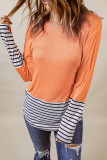 Orange Rhinestone Beading Striped Patchwork Long Sleeve Top