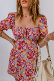 Pink Square Neck Short Puff Sleeves Floral Dress