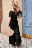 Black Off Shoulder Ruffle Swiss Dot Maxi Dress