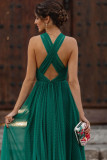 Green Polka Dot Criss Cross Halter Neck Prom Dress