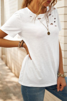 White Holes Crew Neck Cotton Mixed T-shirt