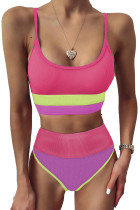 Rose Spaghetti Straps Colorblock Ribbed High Waist Bikini