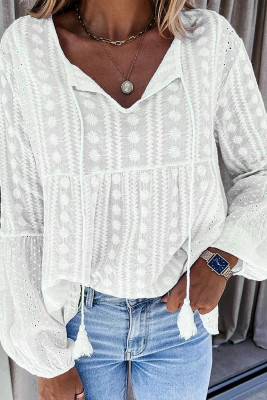 Embroidery Drawstring V Neck Long Sleeve Top