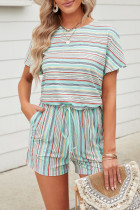 Green Striped Short Sleeve Romper