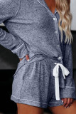 Blue Long Sleeve Drawstring Button Loungewear