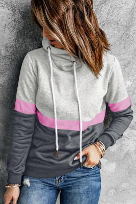 Gray Drawstring Cowl Neck Colorblock Hoodie