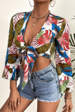Tropical Floral Print Flare Sleeves Front Tie Crop Top