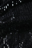 Black Sequin Mesh Patch Bodycon Mini Dress with Tassel