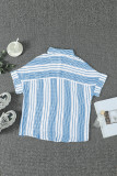 V Neck Stripes Roll up Sleeve Button Down Shirt