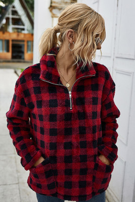 Red Plaid Turn-down Collar Coral Fleece Coat