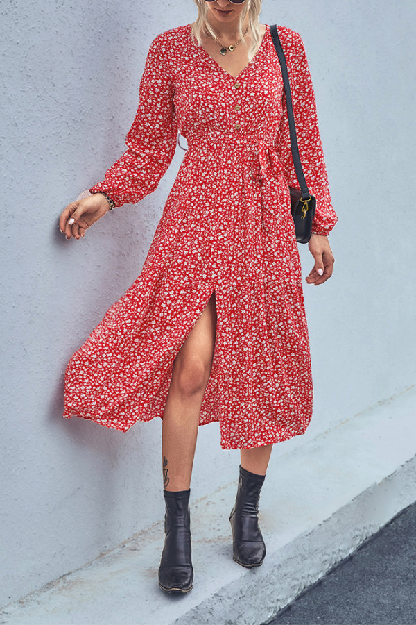V Neck Button Down High Waist Split Floral Dress