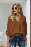 Brown V Neck 3/4 Sleeve High Low Hem Shirt