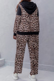 Color Block Leopard Pocketed Hoodies with Pants Plus Size 2pcs Set