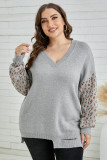 Gray Distressed Hemline Leopard Sleeve Plus Size Sweater