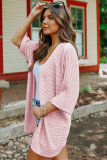 Pink Ribbed Open Front Knit Cardigan