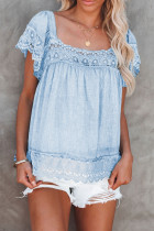 Sky Blue Lace Pom Pom Splicing Square Neck Blouse