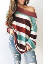 Brown One Shoulder Striped Color Block Lantern Long Sleeve Top