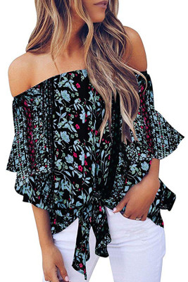 Black Off Shoulder Floral Tie Front High Low Chiffon Blouse